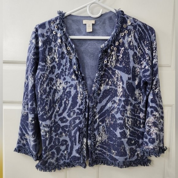 Chico's Sweaters - ! Chico's Women's Blue Fringe Metallic Animal Print Embellished Sweater Size S !
